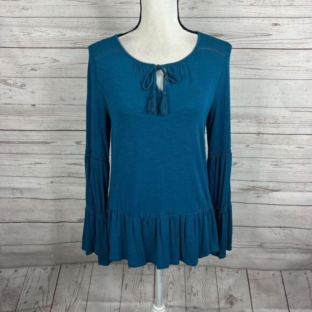 Wrangler Retro Womens Peplum Top Blouse Size Small Teal Long Bell Sleeve Tassels